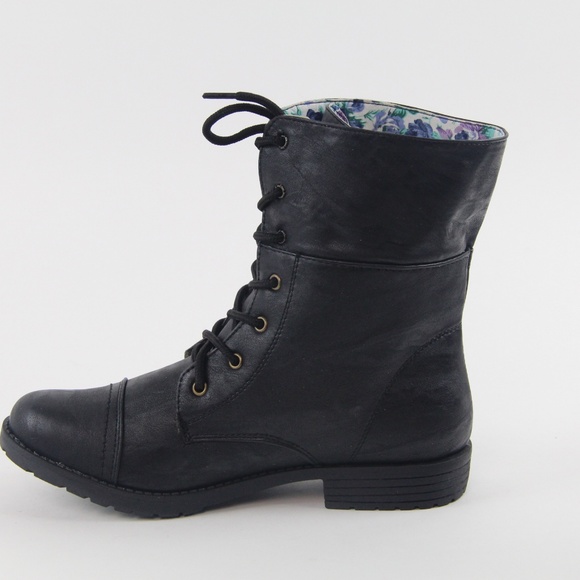 Women's Military Combat Mid Calf Boots Floral Blue - Picture 3 of 5